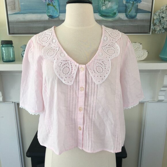 Pink Cotton Lace Collar Button Front Blouse Pleated Medium Cottagecore Coquette - Picture 2 of 7